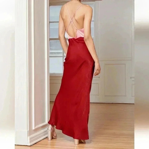 Lulus Exquisite Evening Pink Red Color Block Satin Maxi Dress Valentine's Day - Picture 4 of 14
